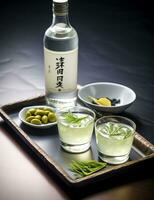 Foto av några koreanska soju dryck elegant pläterad på en tabell. generativ ai