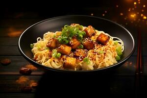asiatisk spaghetti med ost tofu, fotografi ai genererad foto