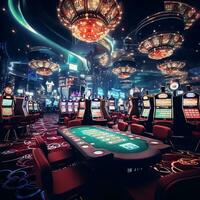 hasardspel i spår maskiner i kasinon. enarmad bandit. ai genererad foto
