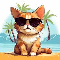 söt illustration av en katt på semester, på de strand bär solglasögon. tema av sommar högtider, avslappning. ai genererad foto