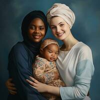 fotorealistisk bild av två ung kvinnor med en barn. adoption av HBTQ par, antogs barn i samma kön familjer. ai genererad foto