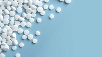 topp se vit medicin tabletter antibiotikum piller på en mjuk blå bakgrund, kopia Plats, apotek tema, ai generativ foto