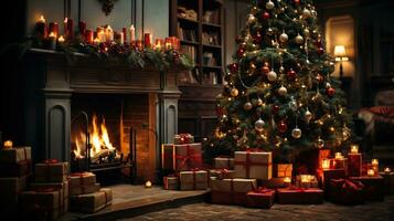 festlig jul träd med öppen spis bakgrund, mysigt Semester dekor i en värma levande rum, ai generatvie foto