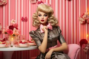 söt docka blond flicka på en tabell i en restaurang med en rosa interiör, generativ ai foto