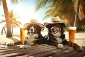 två söt hundar vilar på de strand, generativ ai foto