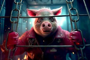 skrämmande ser gris ut kriminell Bakom barer i en fängelse cell, generativ ai foto