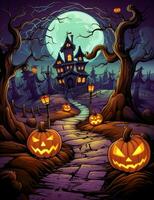 tecknad serie halloween läskigt hus. illustrationer av en läskigt hus för halloween. saga och fantasi design. ai genererad. foto