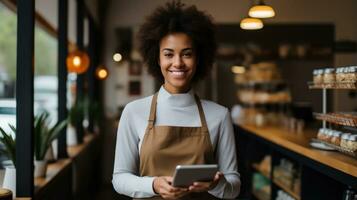 leende kvinna entreprenör innehav läsplatta i henne kaffe foto
