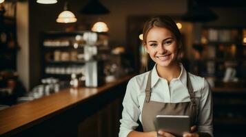 leende kvinna entreprenör innehav läsplatta i henne kaffe foto