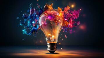 exploderande färgrik ljus Glödlampa representerar ny idéer och brainstorming begrepp foto