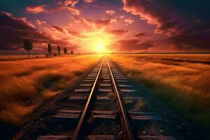 järnväg i de fält på solnedgång med skön himmel foto