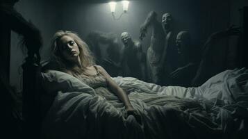 kvinna lidande från sömn förlamning liggande i henne säng foto