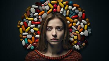 porträtt av en skön flicka och en massa av piller på en mörk bakgrund. foto