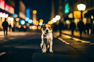 en hund stående i de mitten av en stad gata på natt. ai-genererad foto