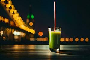 en glas av grön juice Sammanträde på en tabell i främre av en bro. ai-genererad foto