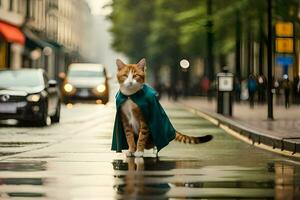 en katt bär en cape promenader ner en gata i de regn. ai-genererad foto