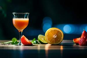 en glas av juice med jordgubbar och ett orange skiva. ai-genererad foto