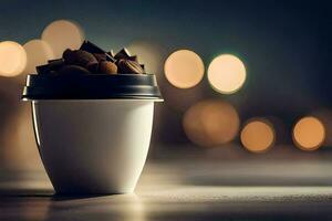 en kaffe kopp med nötter på topp av Det. ai-genererad foto