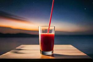 en glas av juice med en sugrör på en trä- tabell. ai-genererad foto