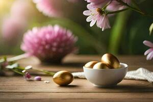 gyllene ägg i en skål på en tabell med blommor. ai-genererad foto
