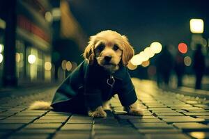 en hund i en täcka Sammanträde på de gata på natt. ai-genererad foto