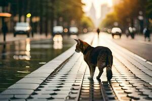 en katt gående på en gata på solnedgång. ai-genererad foto