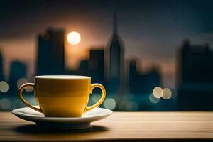 en kaffe kopp på en tabell i främre av en stadsbild. ai-genererad foto