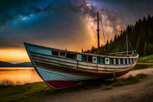 en båt sitter på de Strand av en sjö under en starry himmel. ai-genererad foto