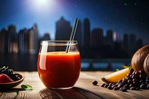 juice i en glas med bär och frukt på en tabell. ai-genererad foto
