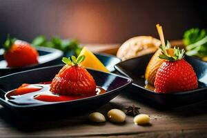 tre små svart maträtter med jordgubbar och sås. ai-genererad foto