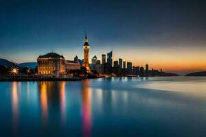 de stad horisont på skymning i shanghai. ai-genererad foto