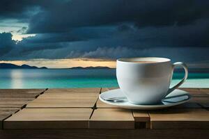 en kopp av kaffe på en trä- tabell med en se av de hav. ai-genererad foto