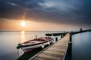 en båt dockad på de slutet av en pir på solnedgång. ai-genererad foto