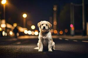 en hund Sammanträde på de gata på natt. ai-genererad foto