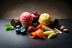 tre is grädde koner med annorlunda smaker av frukt. ai-genererad foto