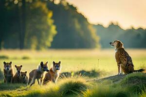 en hund och en grupp av hundar i en fält. ai-genererad foto