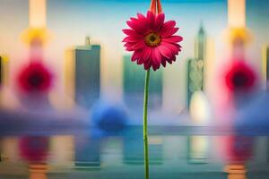 en rosa blomma är stående i främre av en stad horisont. ai-genererad foto