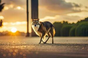 en hund gående på de gata på solnedgång. ai-genererad foto