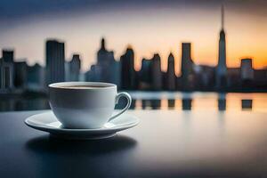 kaffe kopp med stad horisont i de bakgrund. ai-genererad foto