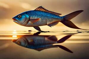 en fisk är reflekterad i de vatten på solnedgång. ai-genererad foto