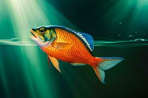 en fisk simning i de vatten med solljus kommande från de topp. ai-genererad foto