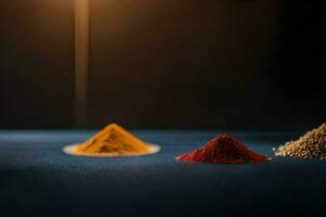 tre annorlunda typer av kryddor på en tabell. ai-genererad foto
