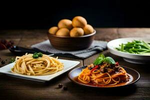 spaghetti och köttbullar på en trä- tabell. ai-genererad foto