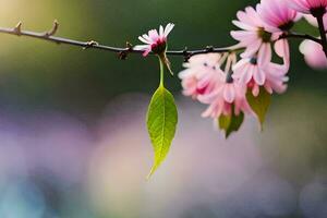 en rosa blomma med löv hängande från Det. ai-genererad foto