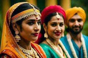tre indisk kvinnor i traditionell klädsel. ai-genererad foto