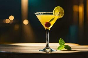 en cocktail med en citron- och en körsbär på topp. ai-genererad foto
