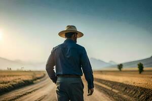 en man i en cowboy hatt promenader ner en smuts väg. ai-genererad foto