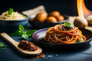 spaghetti med köttbullar och grönsaker på en mörk tabell. ai-genererad foto