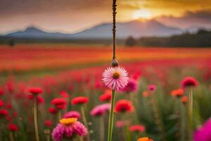 en blomma fält med en solnedgång i de bakgrund. ai-genererad foto