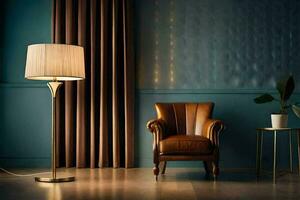 en stol och lampa i en rum med blå väggar. ai-genererad foto